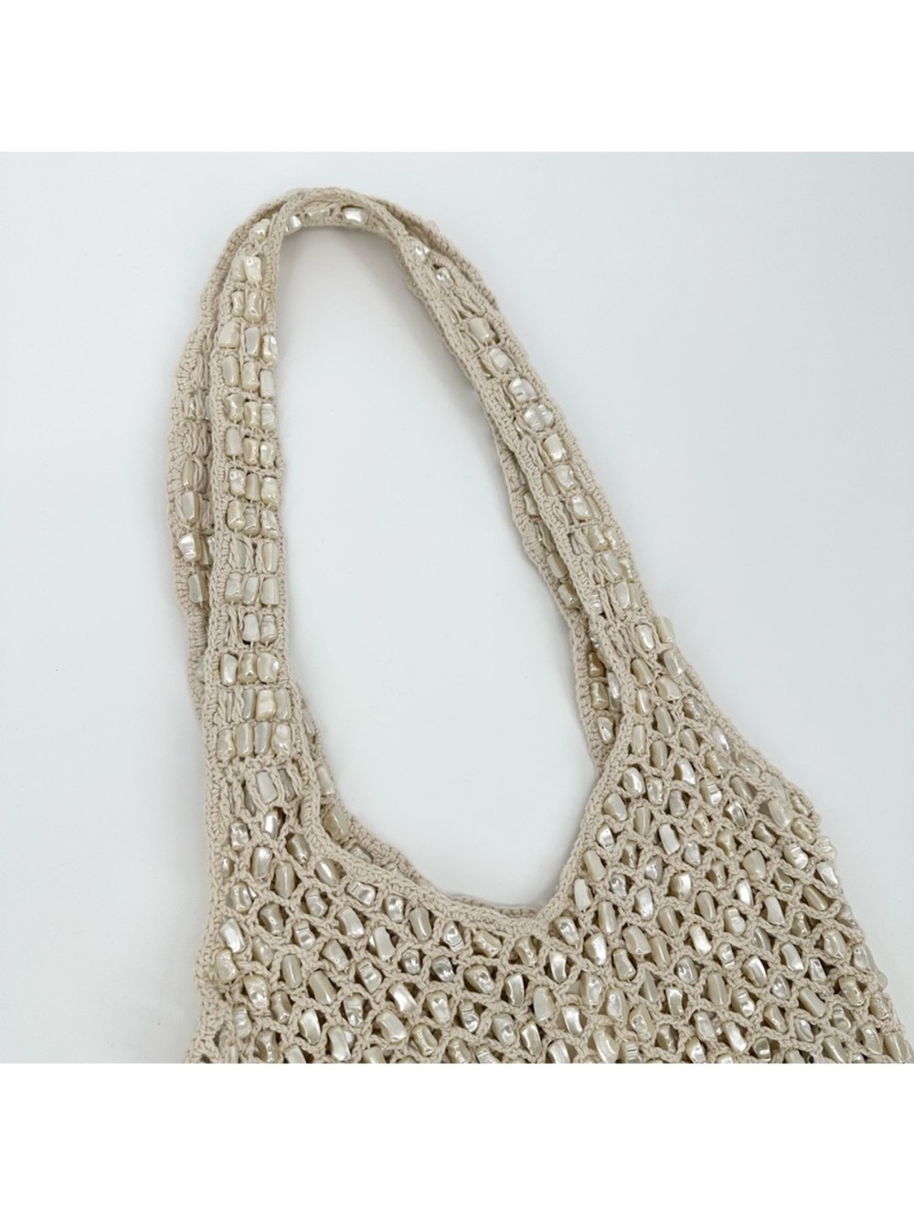 ZARA Pearl Beaded MacrameKnit woven crochet Tote Bag Hobo -Ivory cream - Picture 6 of 10